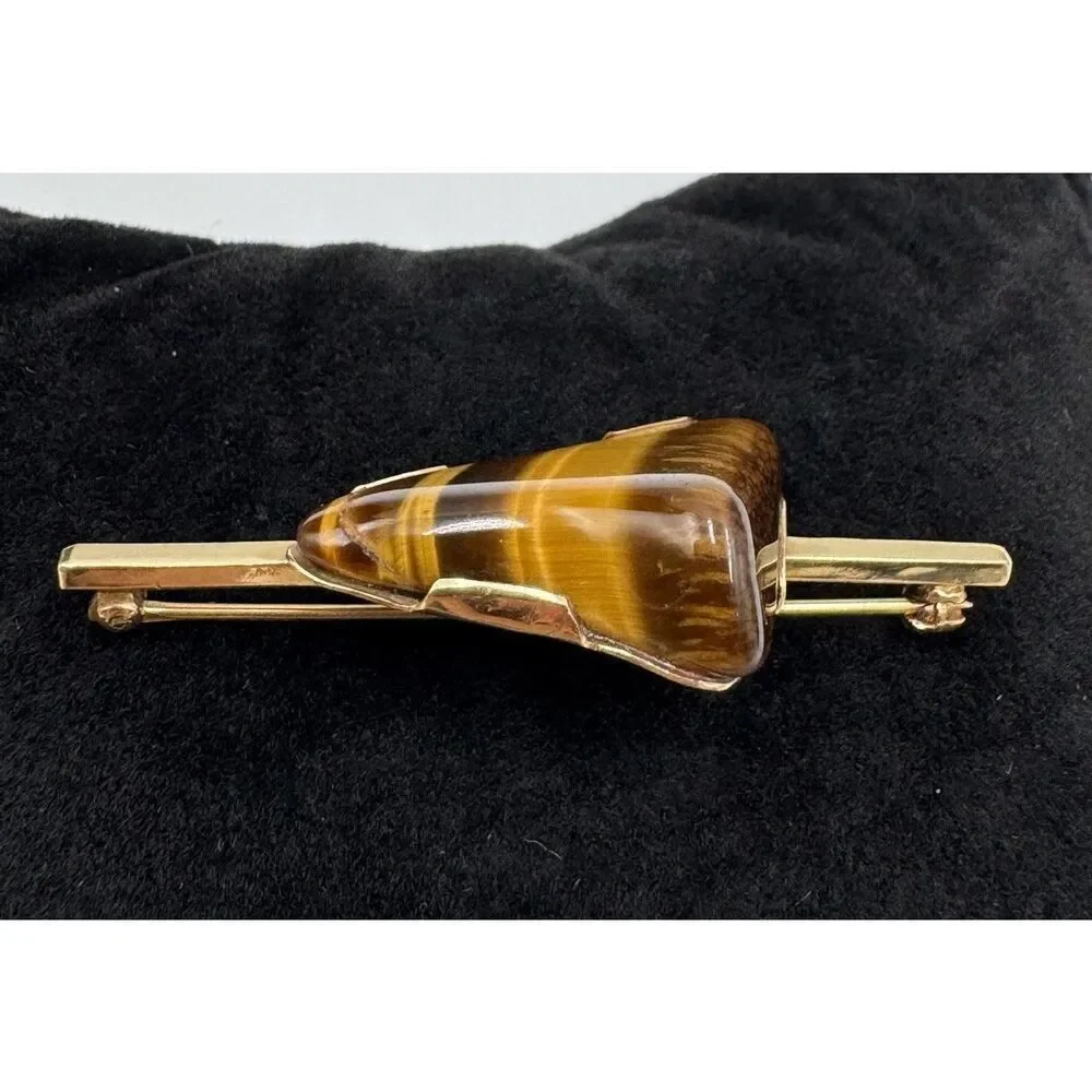 Vintage 14k‎ Yellow Gold Polished Stone Tigers Eye Brooch Pin Estate Jewelry